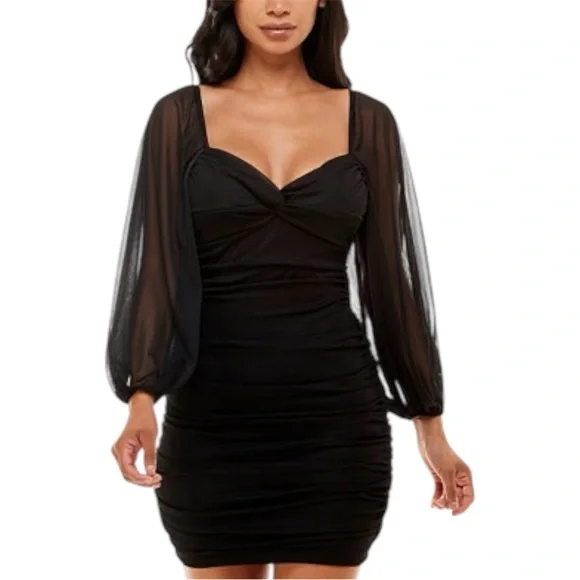 B Darlin Black Ruched Mesh Long Sleeve Bodycon Cut Out Mini Dress Size XL - Picture 1 of 15